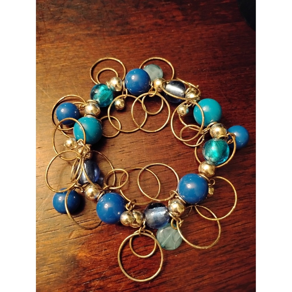 Blue Beaded Stretch Bracelet Gold Tone Hoop Charms Boho Statement Jewelry